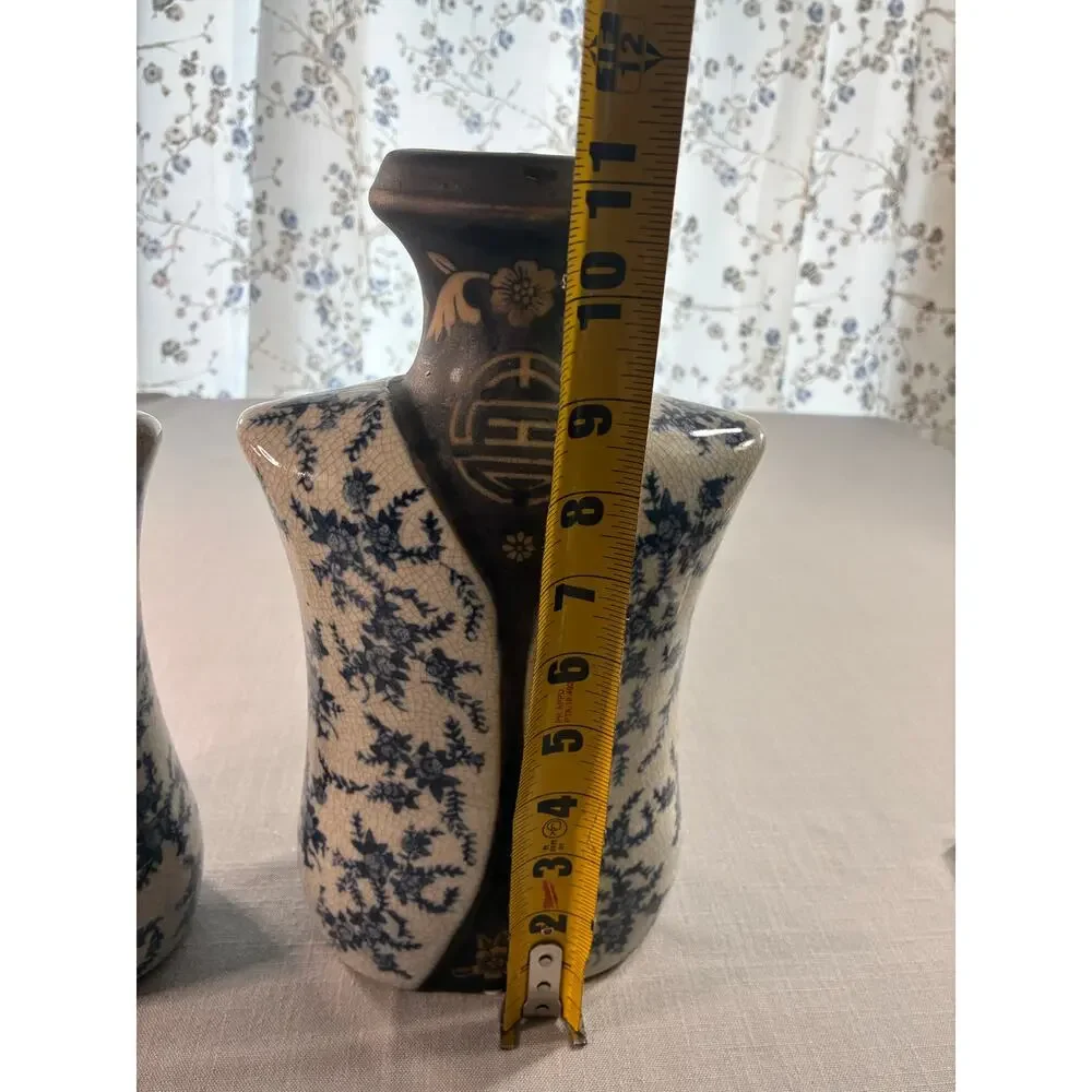 Pair Blue White Crackle Glaze Chinoiserie Style Ceramic Vases Made In China